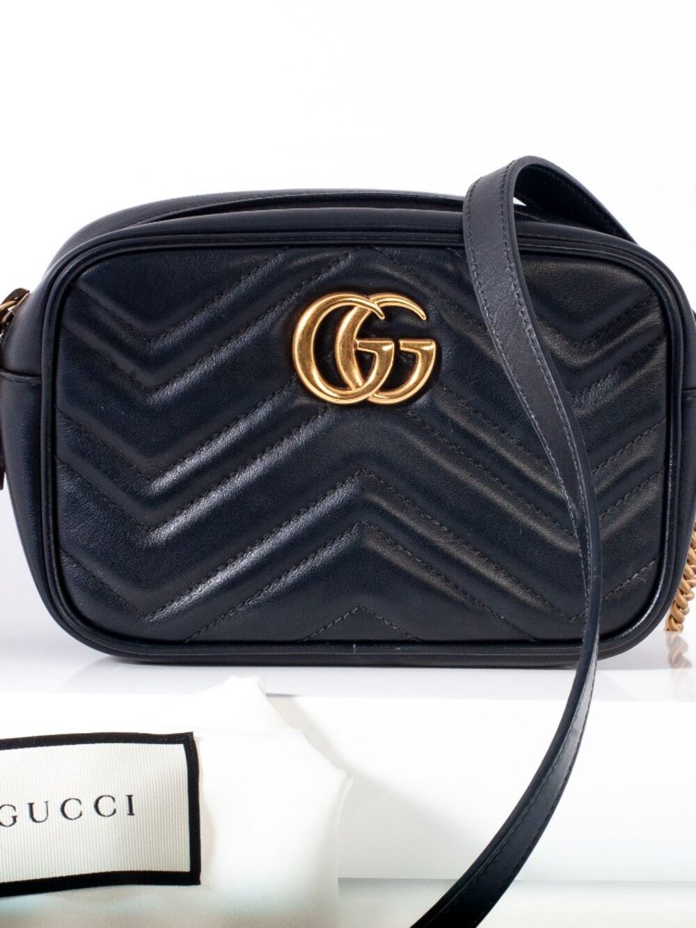 Authentic GUCCI Calfskin Matelasse Black Mini GG Marmont Chain Shoulder Bag
